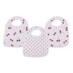 Sweetheart Cherry Hearts Snap Bib set in soft bamboo muslin fabric.