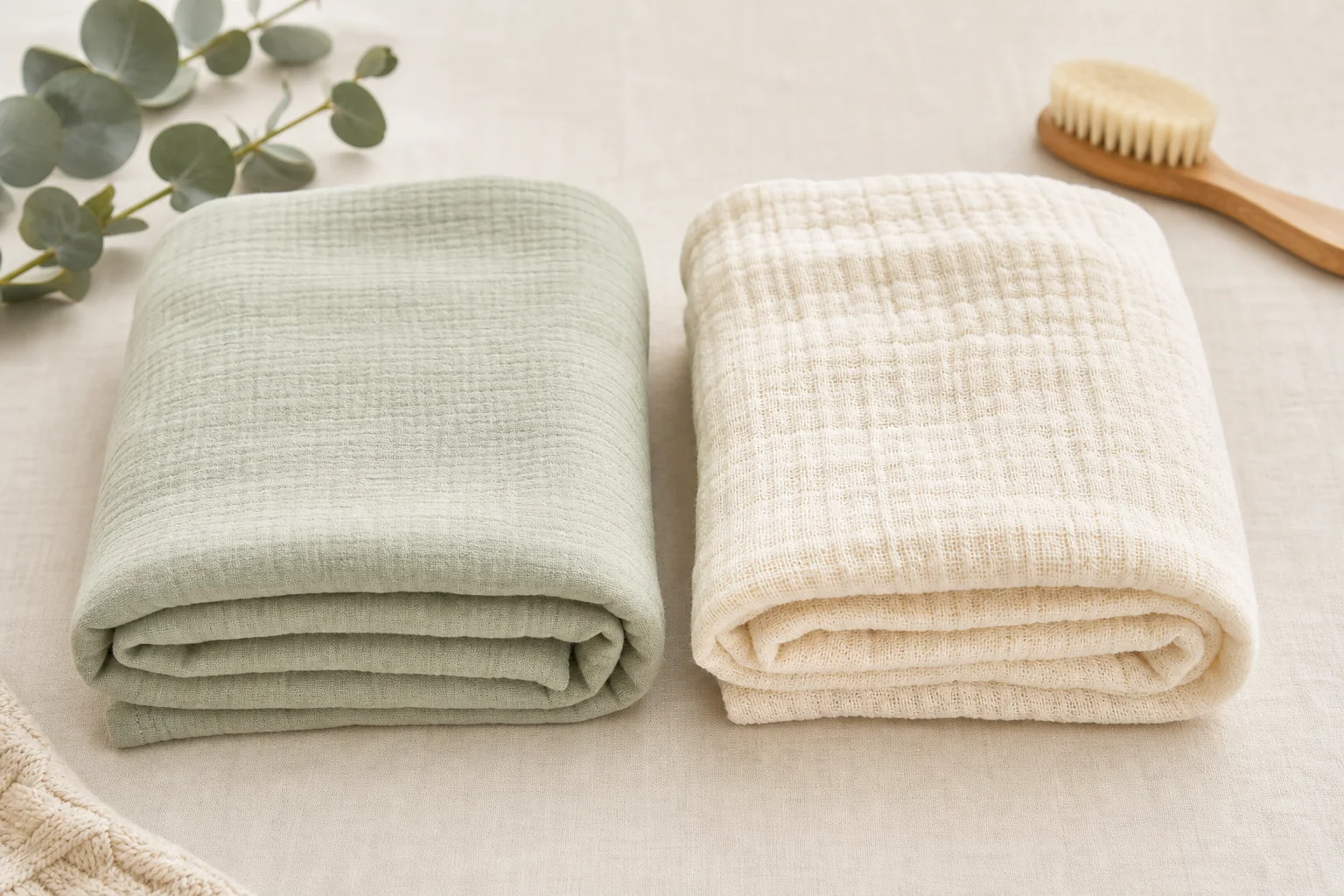 Pale sage bamboo and cream cotton muslin baby blankets shown side by side