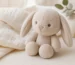 Newborn-friendly plush rabbit with embroidered features and secure stitching
