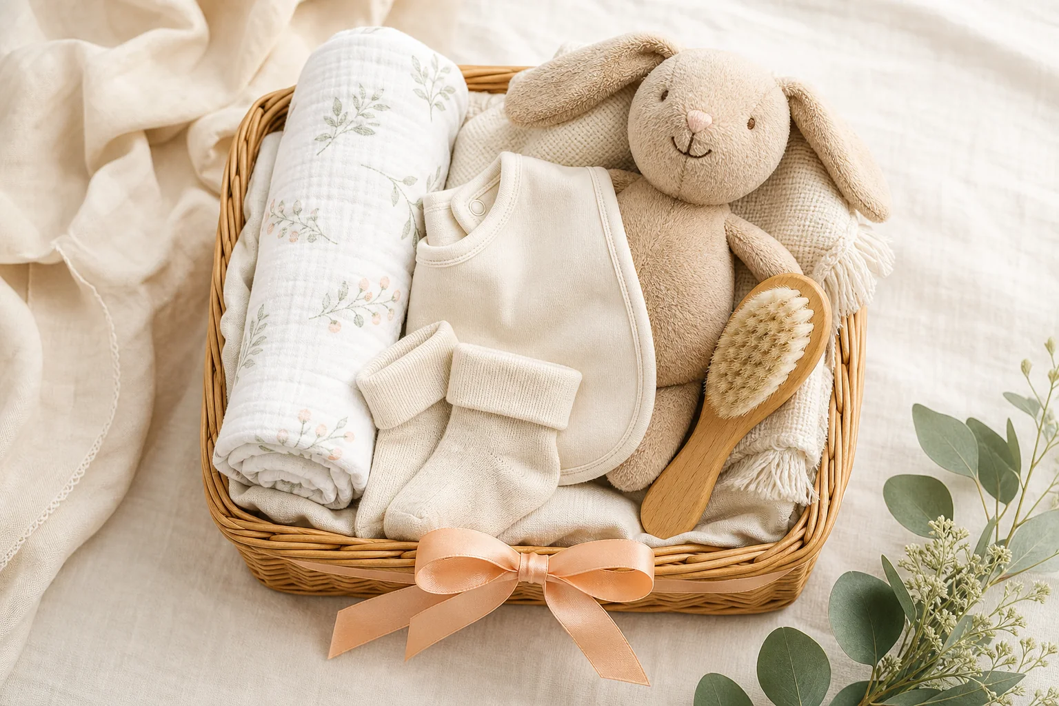 Newborn gift basket with muslin swaddle, plush bunny, bib, socks and baby brush