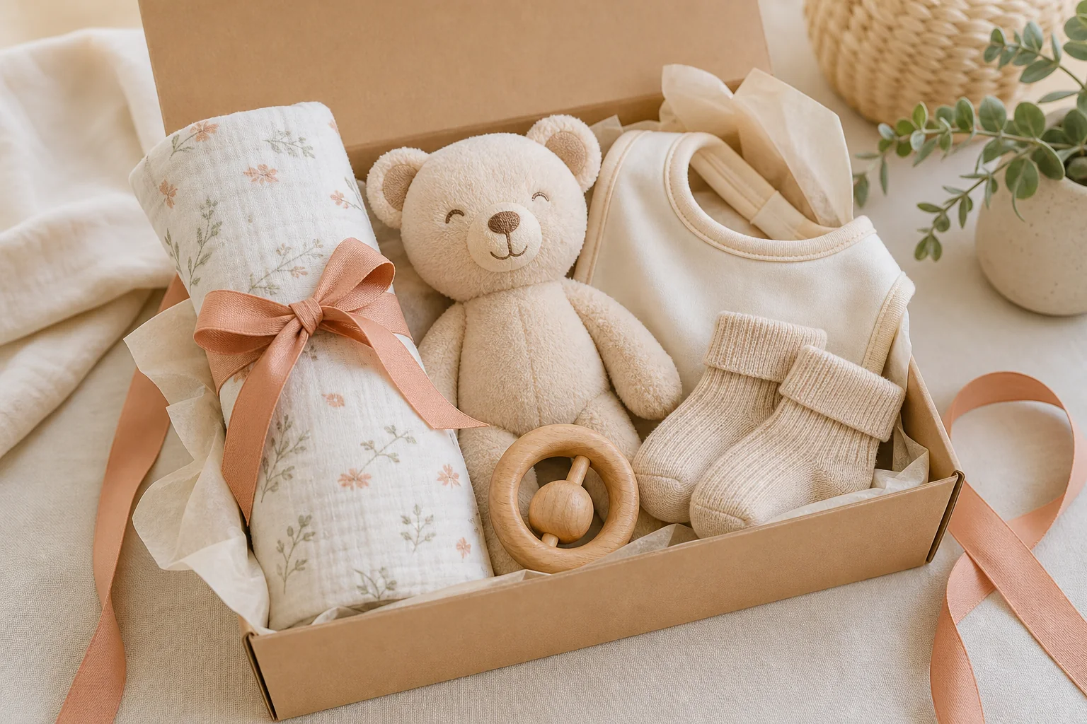 Newborn gift set with muslin swaddle, plush bear, bib, socks and wooden rattle