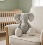 Elephant Enzo plush toy on a cream armchair in a softly lit nursery